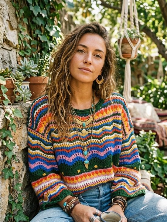 SHEIN Sweaters - SHEIN Chevron Stripe Crochet Knit Bell Sleeve Sweater Multi-Color Size S